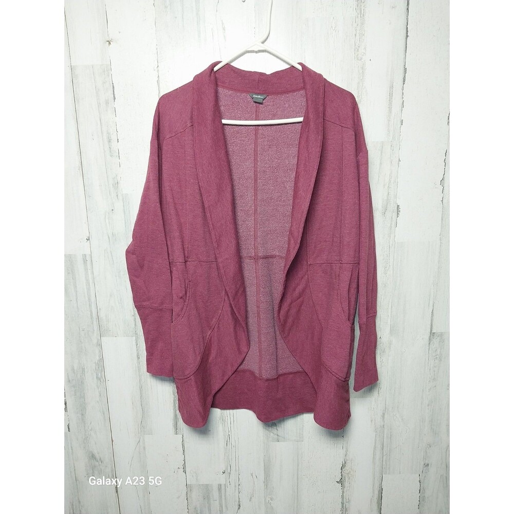 Eddie Bauer Women’s Camp Fleece Wrap Cardigan Size Med Maroon Open Front Pockets